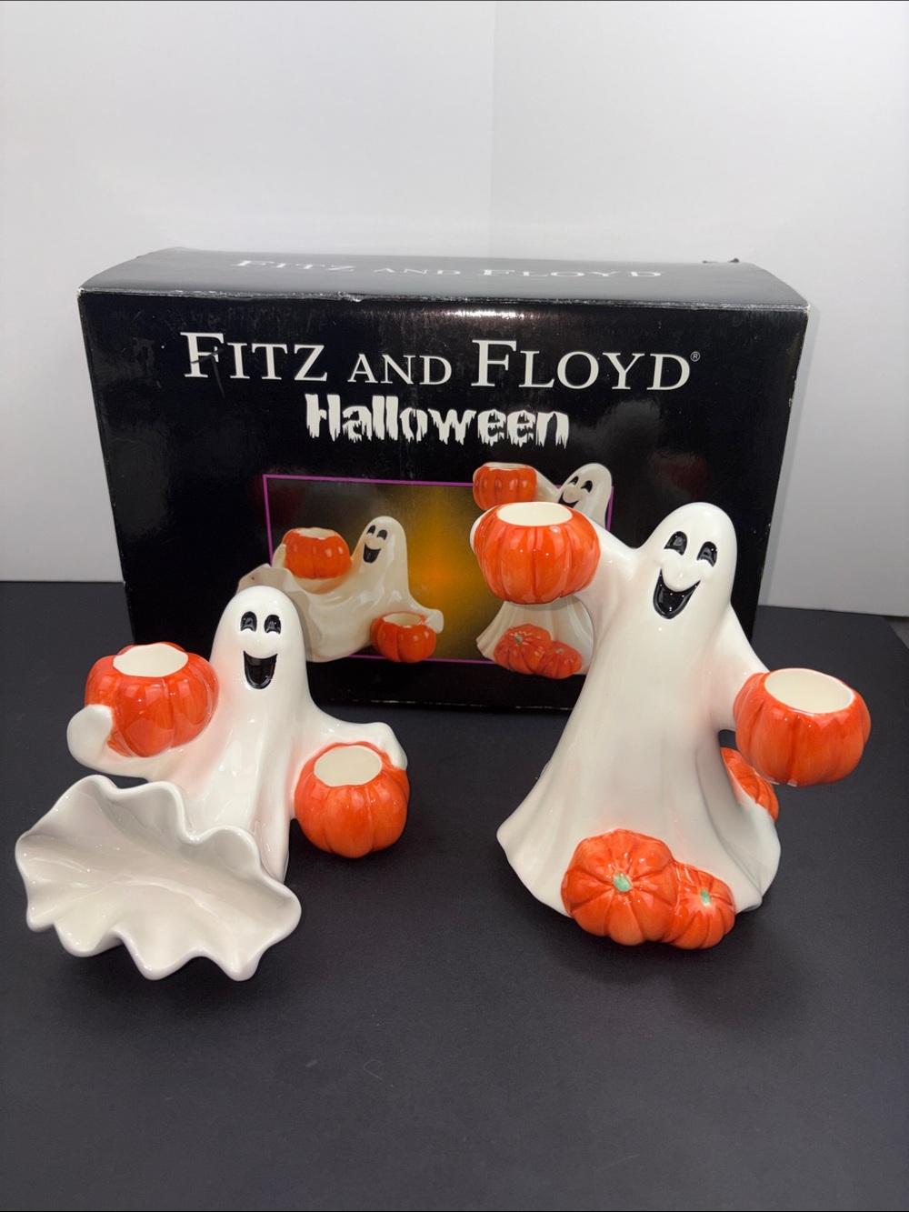 Fitz and Floyd White Ghosts with Pumpkins Ceramic Candle Holders Halloween 2004
